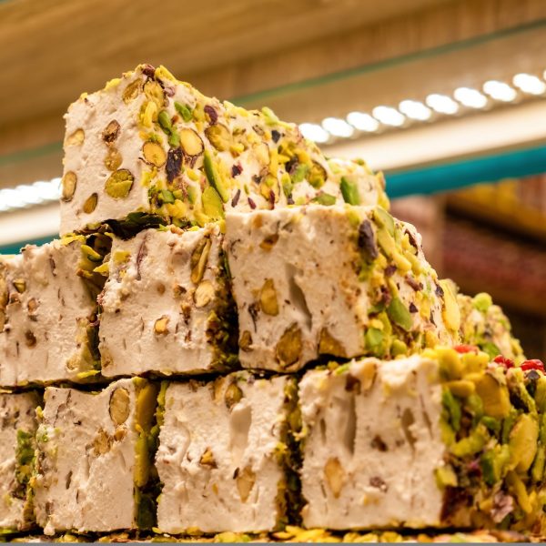 Close-up of turkish sweets and white Rahat Lokumwith nuts in the Egyptian Bazaar